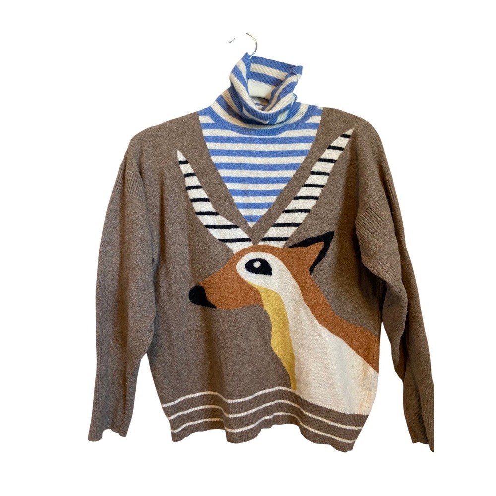 Eley Kishimoto Lambswool Gazelle Intarsia Turtleneck Sweater Brown Blue Size 14